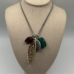 Lucky Brand Silver Tone Wing, Snake, Stone Charm Necklace
